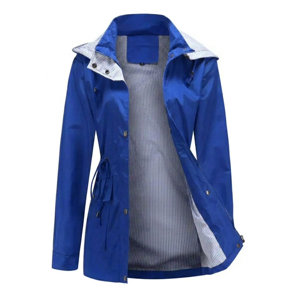 Samira | Women's Long Hooded Rain Jacket | Snap Front Striped Lining