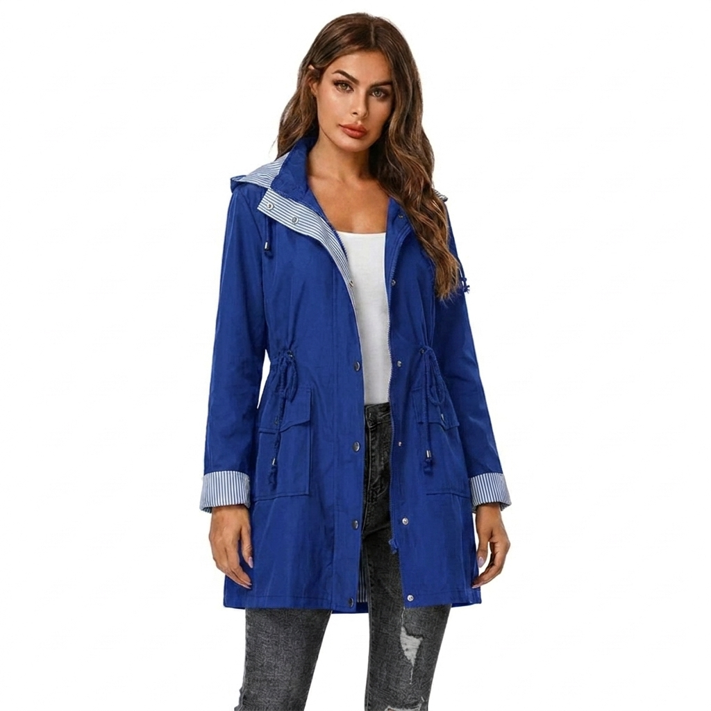 Samira | Women's Long Hooded Rain Jacket | Snap Front Striped Lining