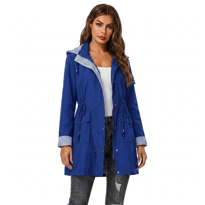 Samira | Women's Long Hooded Rain Jacket | Snap Front Striped Lining