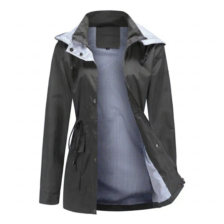 Samira | Women's Long Hooded Rain Jacket | Snap Front Striped Lining