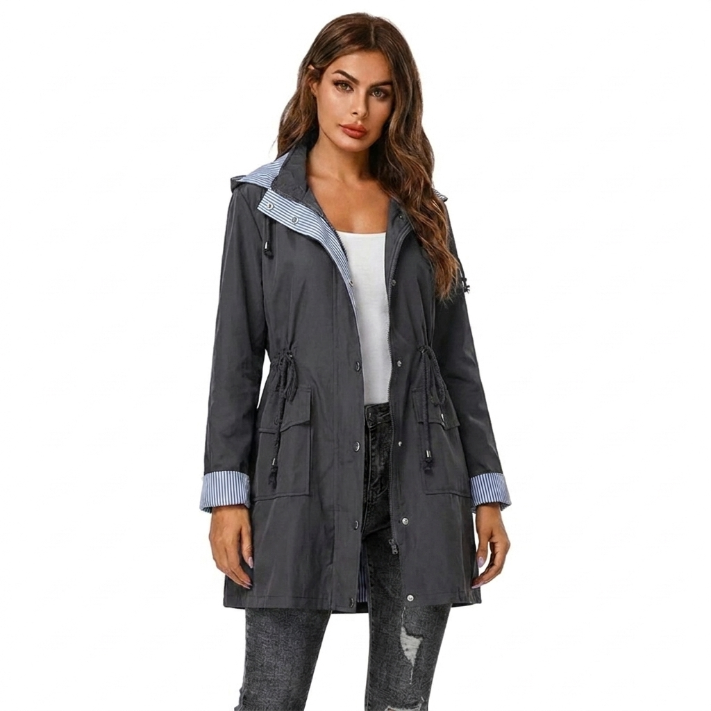 Samira | Women's Long Hooded Rain Jacket | Snap Front Striped Lining