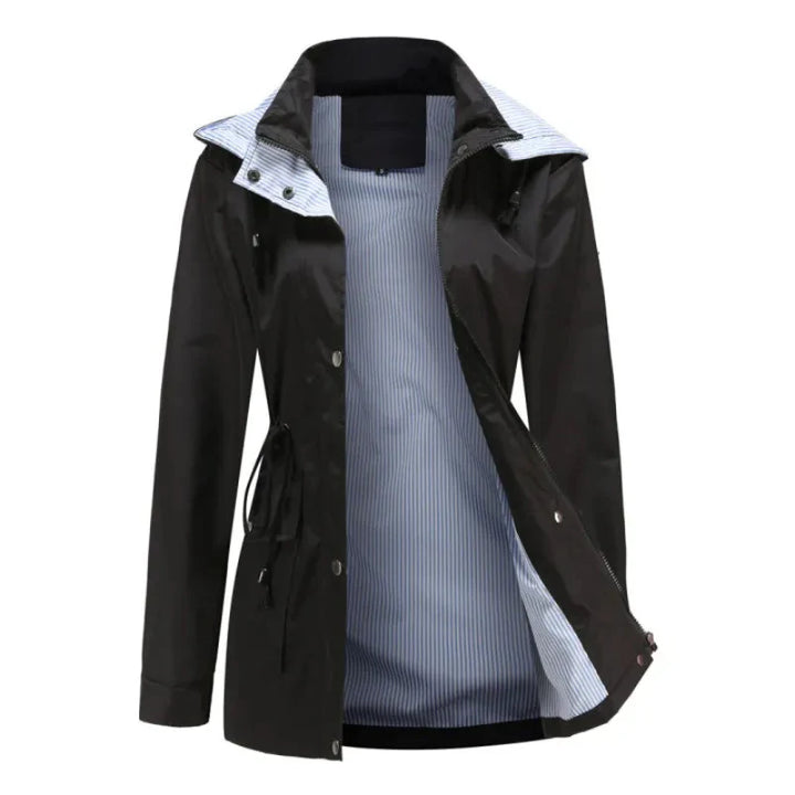Samira | Women's Long Hooded Rain Jacket | Snap Front Striped Lining