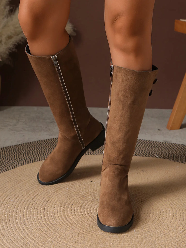 Unn | Women's Knee High Boots | Block Heel Round Toe Zip