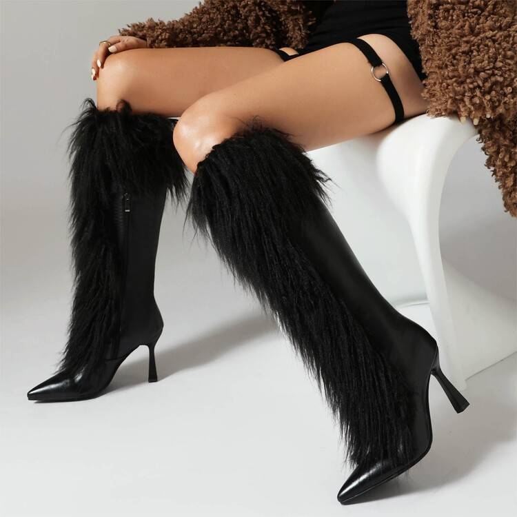 Yara | Women's Fluffy Shaft Knee High Boots | Stiletto Heel