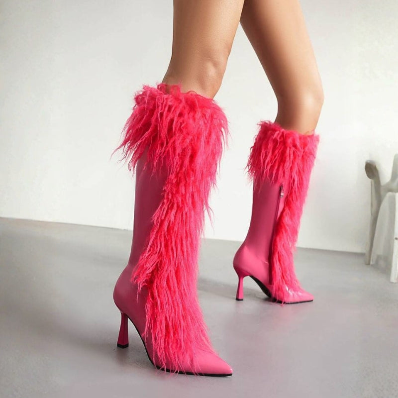 Yara | Women's Fluffy Shaft Knee High Boots | Stiletto Heel