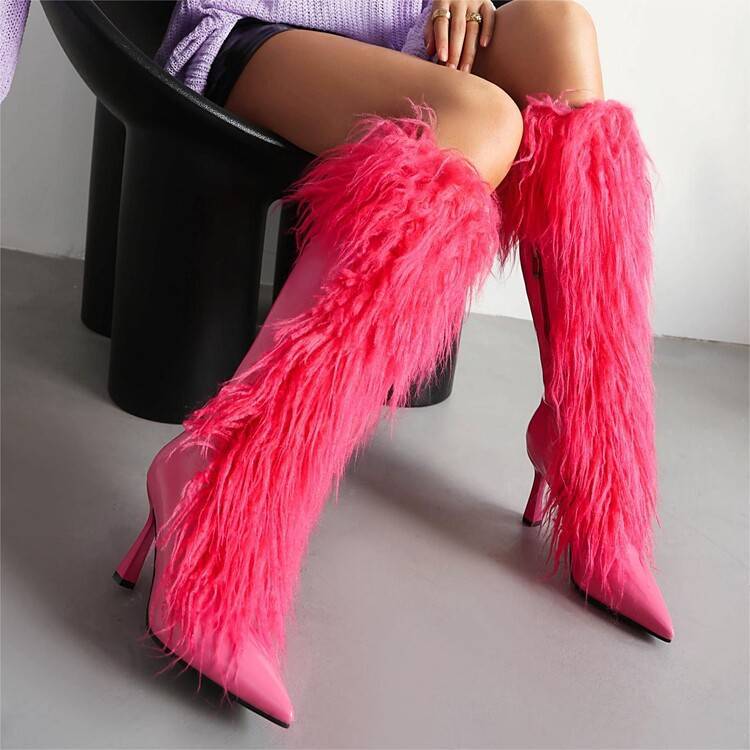 Yara | Women's Fluffy Shaft Knee High Boots | Stiletto Heel