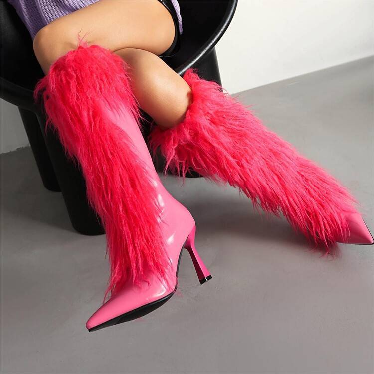 Yara | Women's Fluffy Shaft Knee High Boots | Stiletto Heel