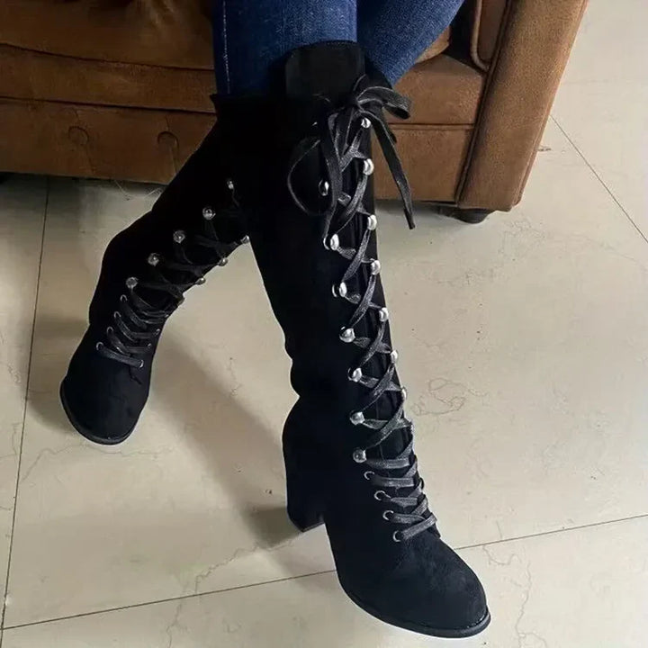 Rigunth | Women's Knee High Boots | Lace Up Block Heel Vintage