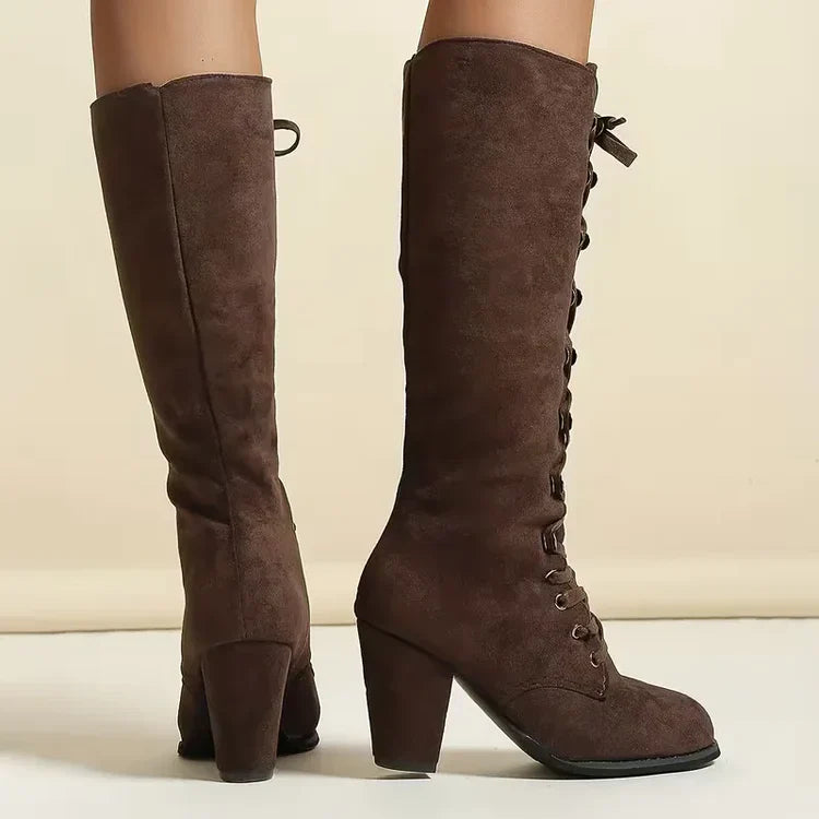 Rigunth | Women's Knee High Boots | Lace Up Block Heel Vintage