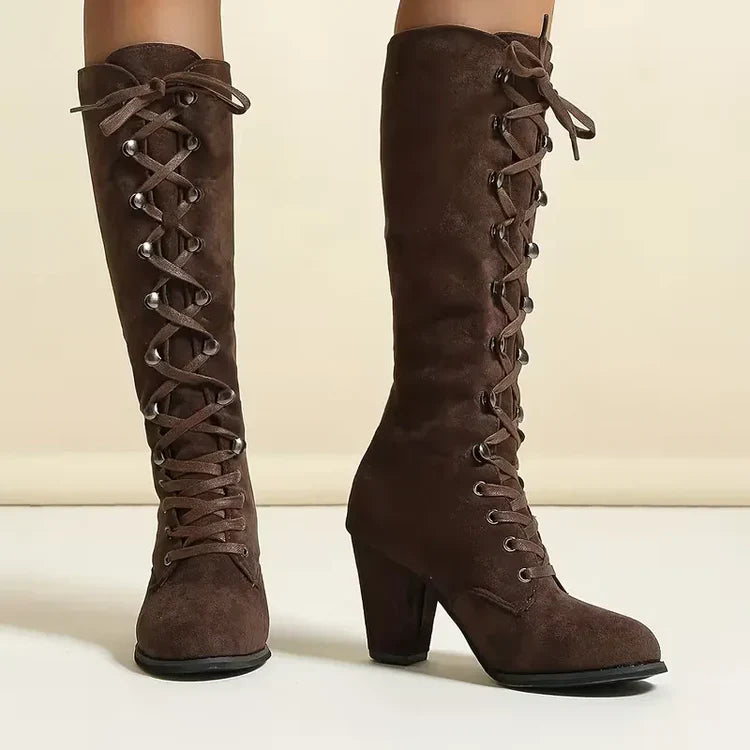 Rigunth | Women's Knee High Boots | Lace Up Block Heel Vintage