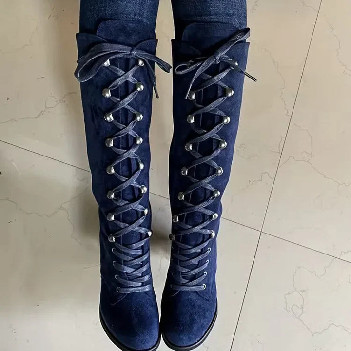 Rigunth | Women's Knee High Boots | Lace Up Block Heel Vintage