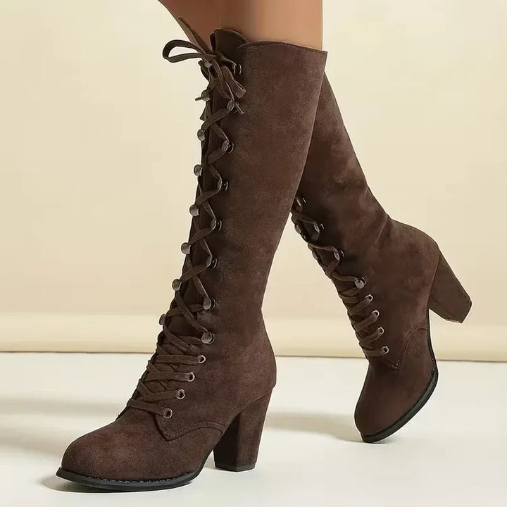 Rigunth | Women's Knee High Boots | Lace Up Block Heel Vintage