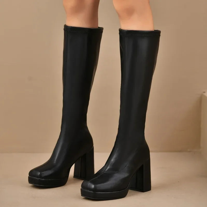 Aoife | Women's Knee High Boots | Platform Square Toe Block Heel
