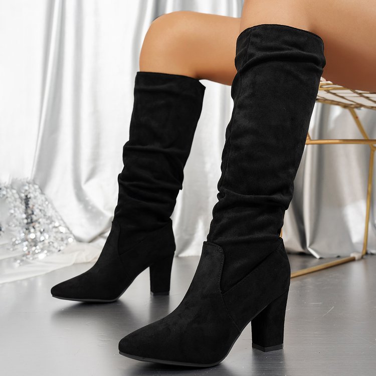 Friderun | Women's Knee High Slouch Boots | Pointed Toe Block Heel