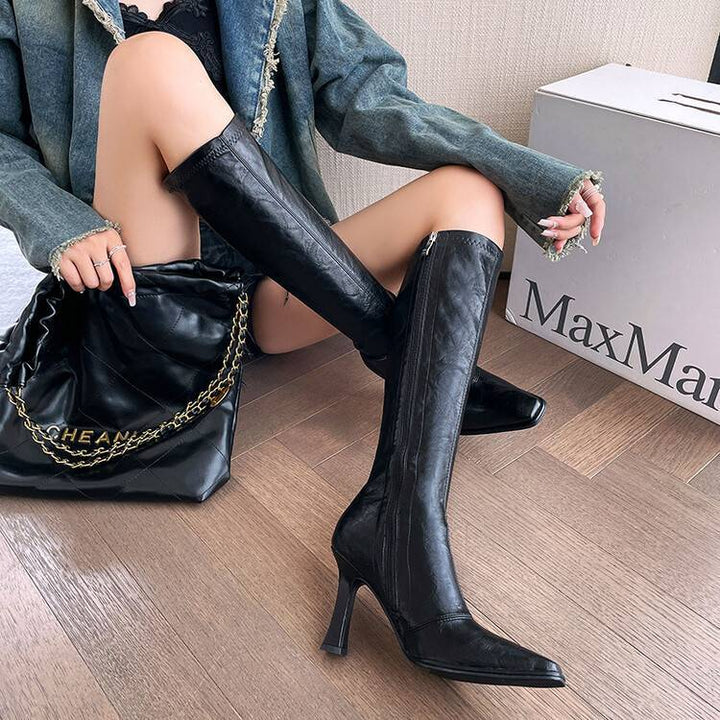 Aglaia | Women's Knee High Boots | Stiletto Zip Square Pointed Toe