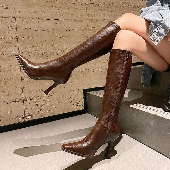 Aglaia | Women's Knee High Boots | Stiletto Zip Square Pointed Toe