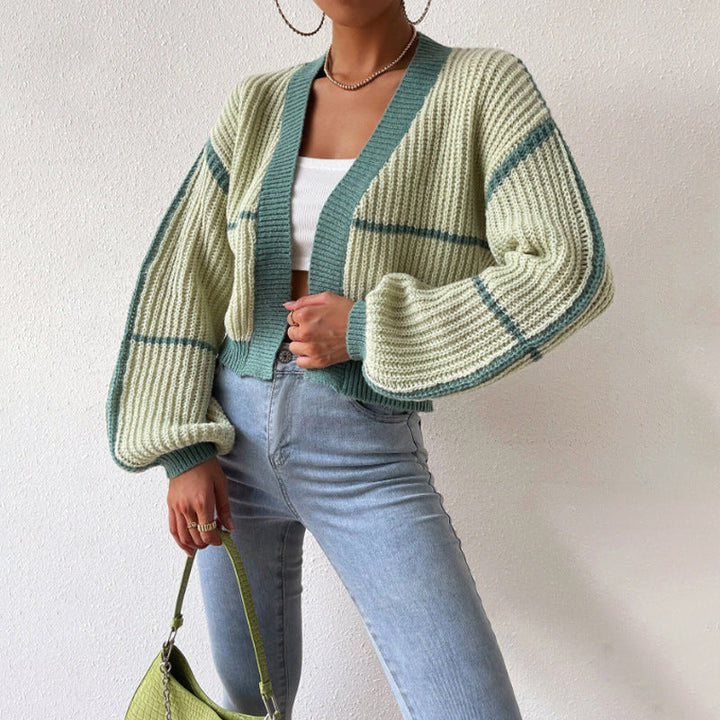 Aminata | Women's Cropped Knit Cardigan | Balloon Sleeves Open Front