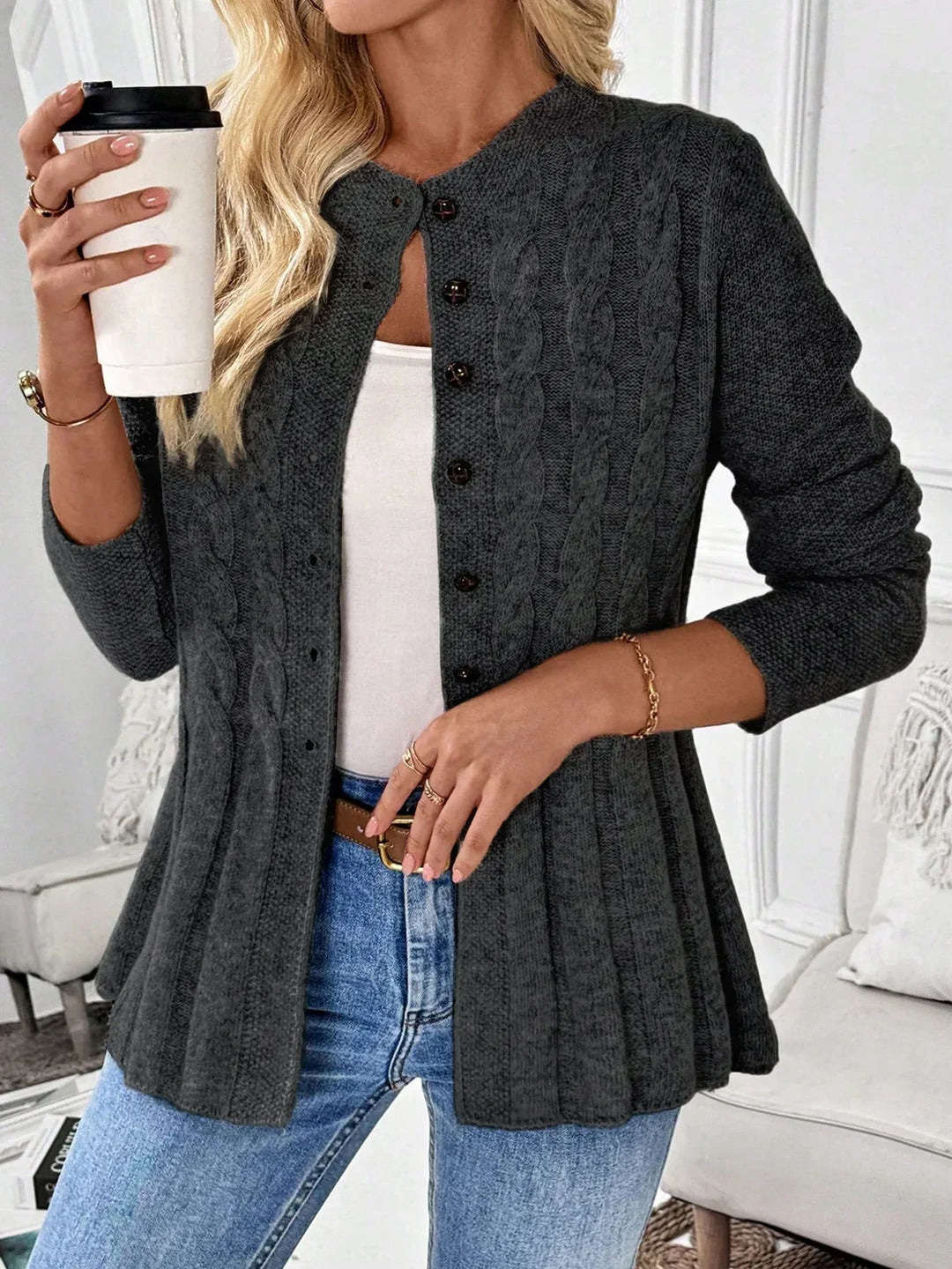 Fatoumata | Women's Knit Cardigan | Cable Detail Button Up