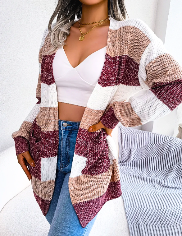 Salamata | Women's Knit Cardigan | Colour Block Stripes Open Front
