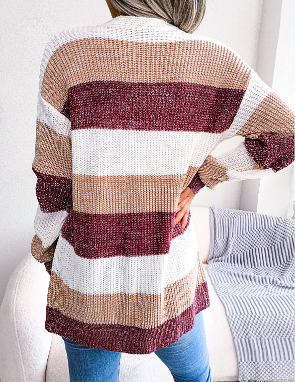 Salamata | Women's Knit Cardigan | Colour Block Stripes Open Front