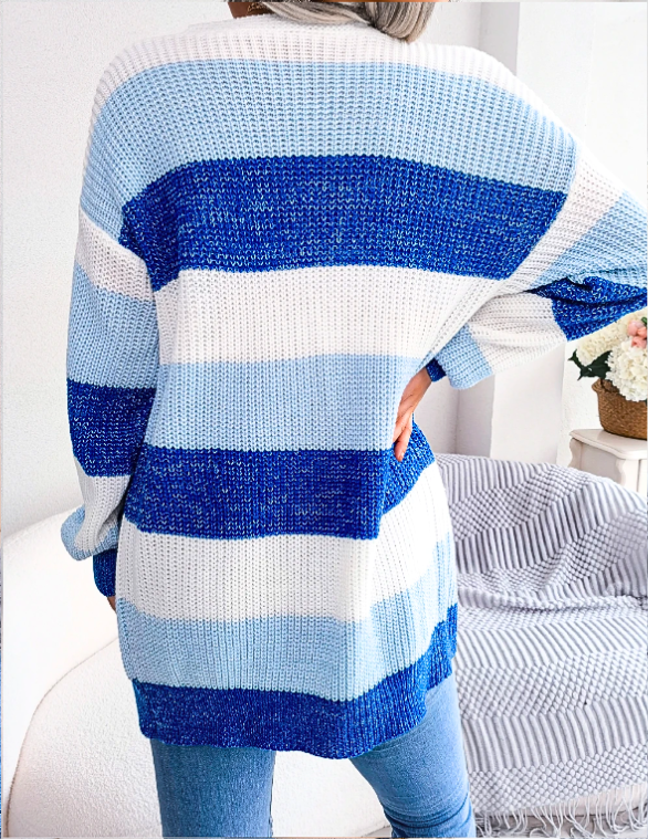 Salamata | Women's Knit Cardigan | Colour Block Stripes Open Front
