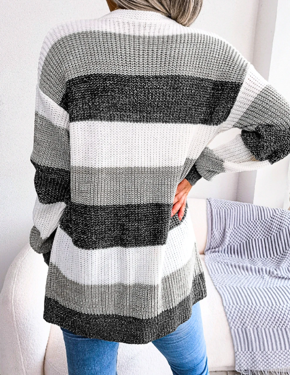 Salamata | Women's Knit Cardigan | Colour Block Stripes Open Front