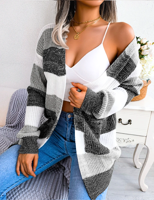 Salamata | Women's Knit Cardigan | Colour Block Stripes Open Front