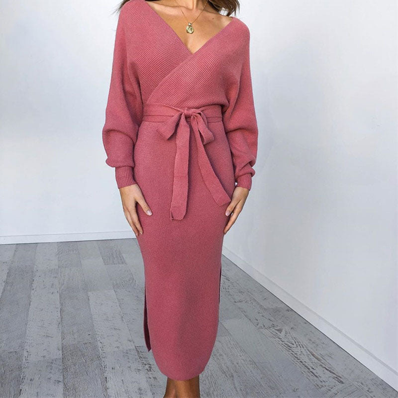 Women's Knit Dress with Tie Waist & Long Sleeve | Midi Wrap