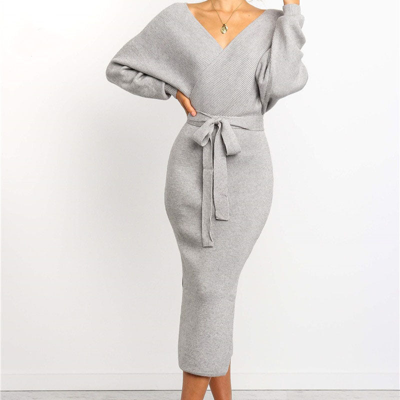 Women's Knit Dress with Tie Waist & Long Sleeve | Midi Wrap