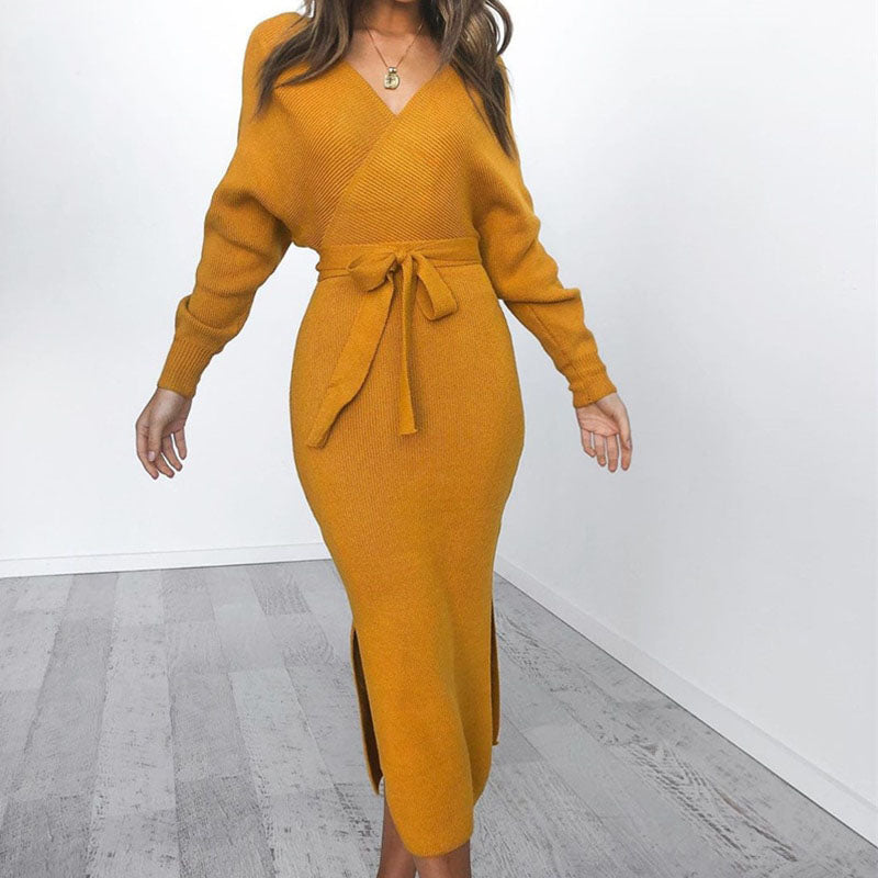 Women's Knit Dress with Tie Waist & Long Sleeve | Midi Wrap