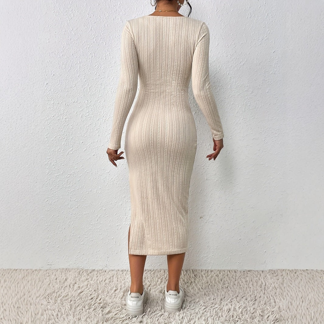 Evelyne | Knit Bodycon Dress | Scoop Neck Side Slit