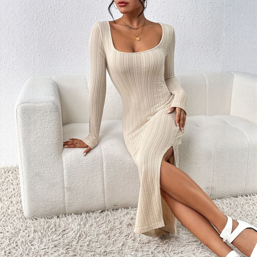 Evelyne | Knit Bodycon Dress | Scoop Neck Side Slit