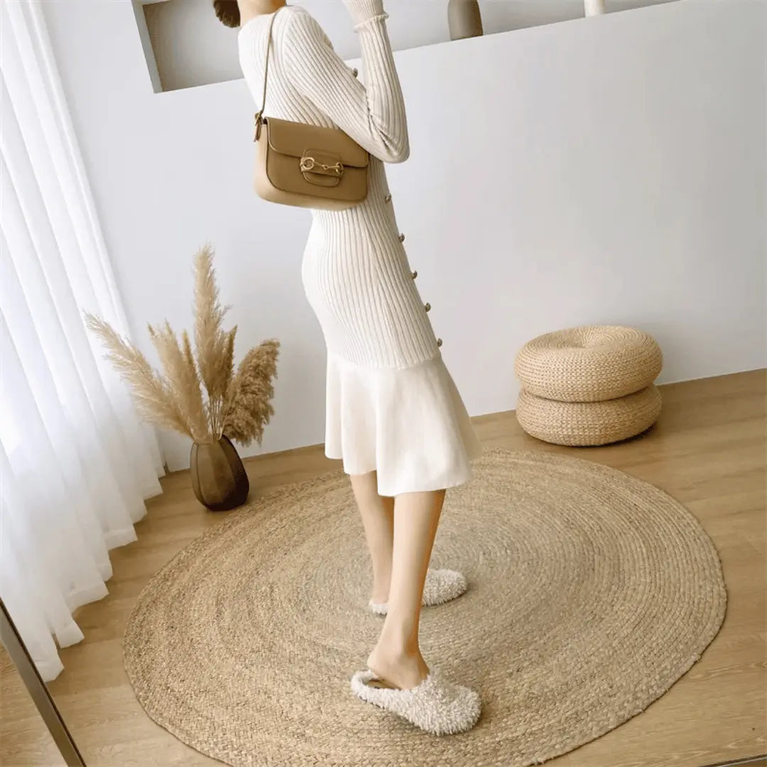 Trotula | Knit Midi Dress | Side Buttons Mermaid Hem