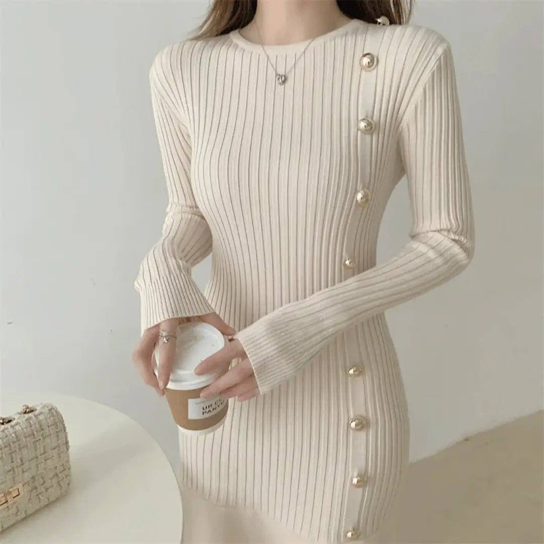 Trotula | Knit Midi Dress | Side Buttons Mermaid Hem