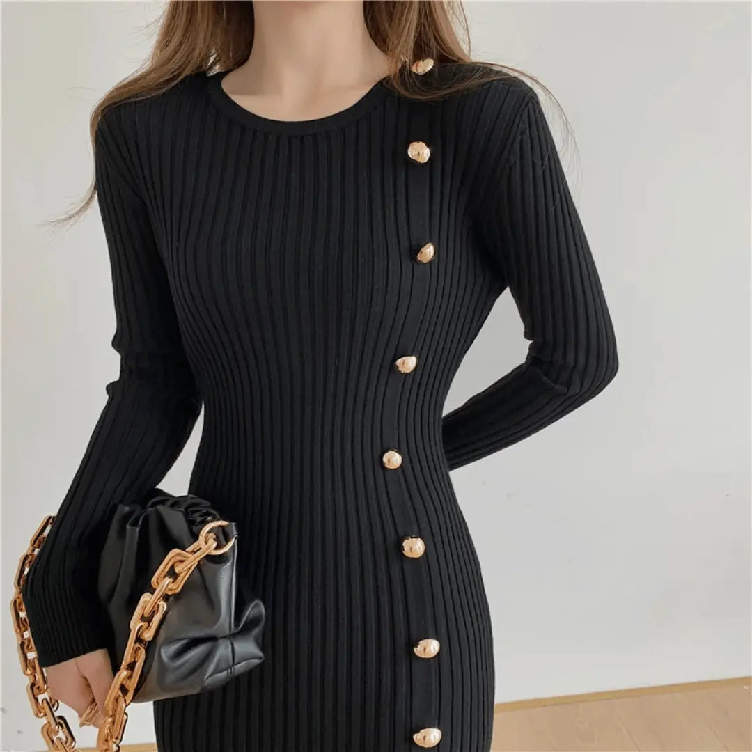 Trotula | Knit Midi Dress | Side Buttons Mermaid Hem