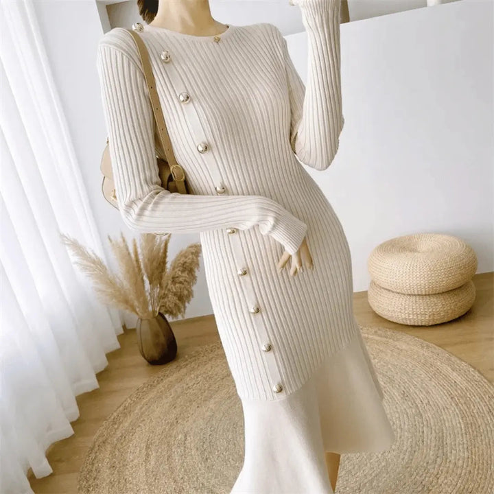 Trotula | Knit Midi Dress | Side Buttons Mermaid Hem