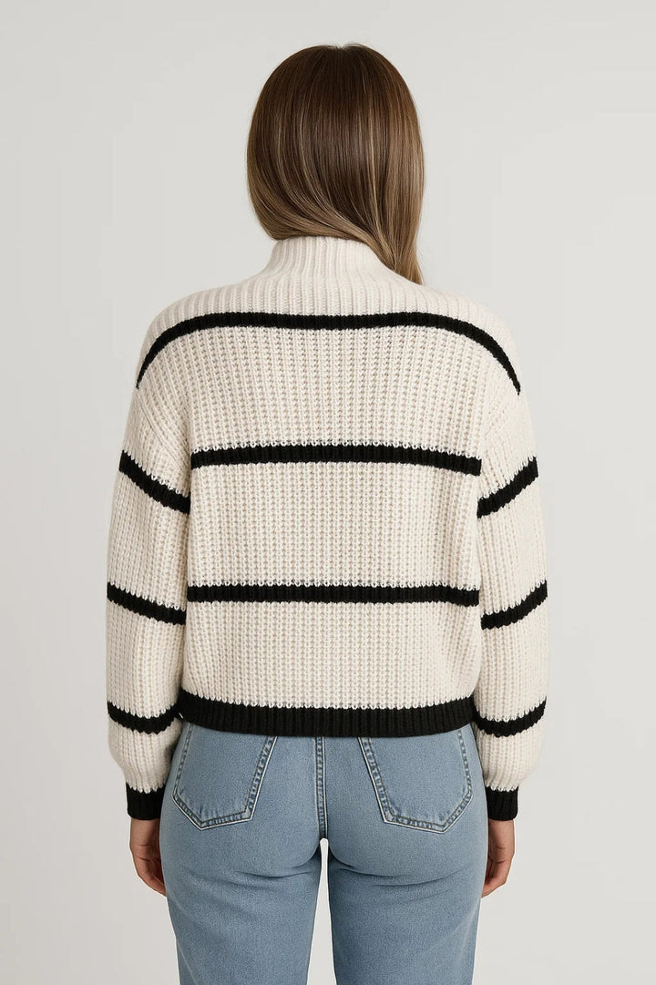 Lethu | Women's Knitted Jumper | Stripe Design Mock Neck