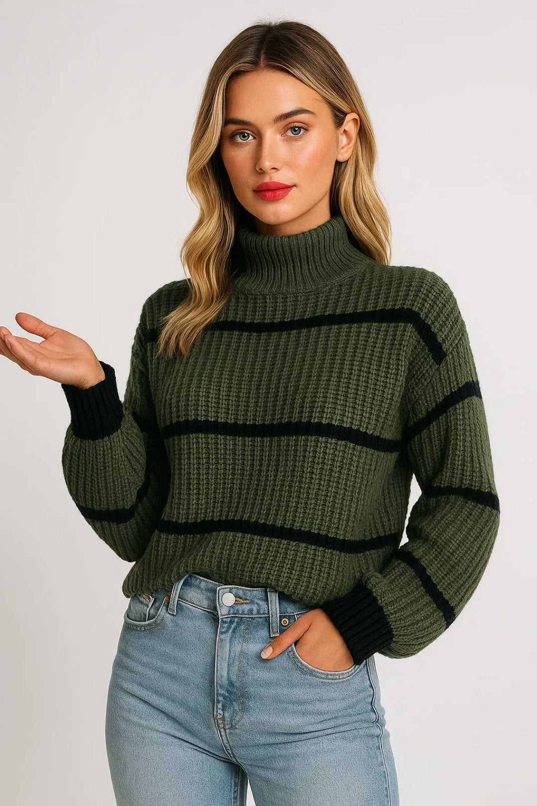 Lethu | Women's Knitted Jumper | Stripe Design Mock Neck