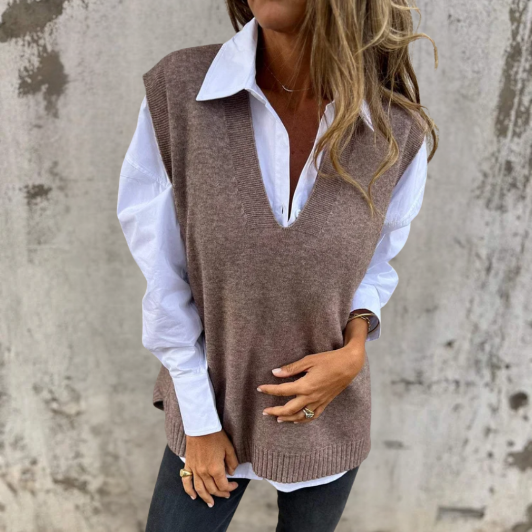 Ianthe | Women's Oversized Knitted Vest | Deep V Neck Ribbed Trim
