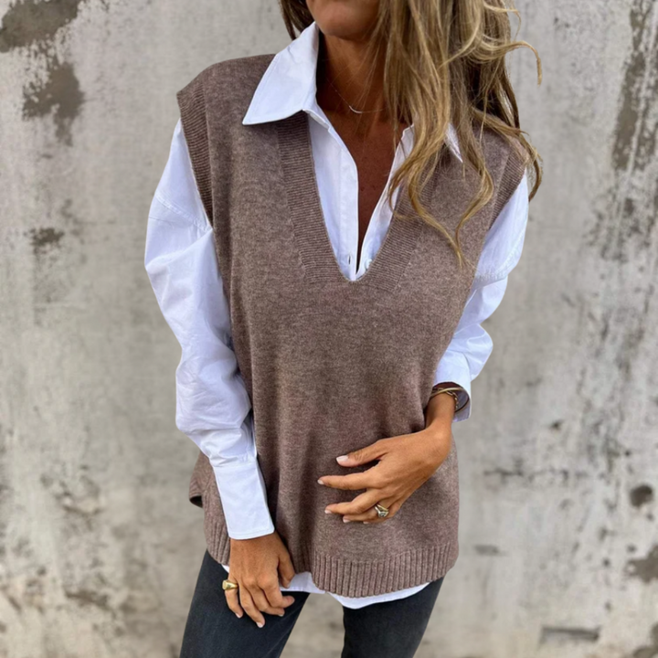 Ianthe | Women's Oversized Knitted Vest | Deep V Neck Ribbed Trim
