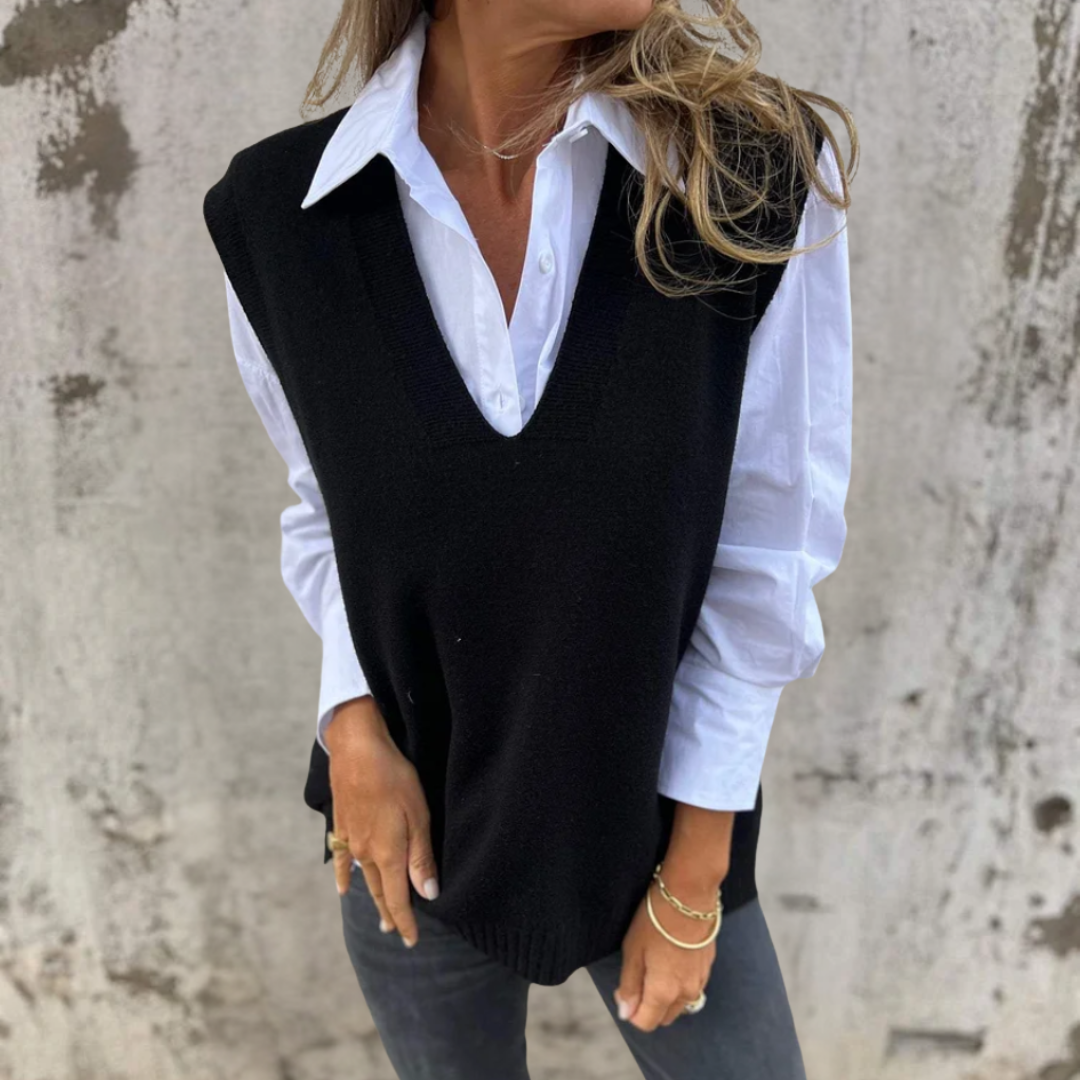Ianthe | Women's Oversized Knitted Vest | Deep V Neck Ribbed Trim