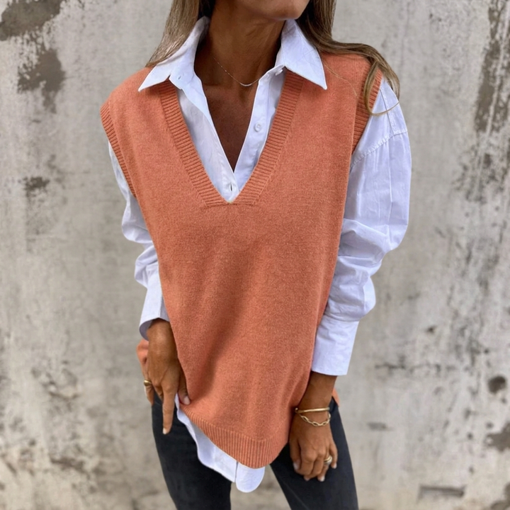 Ianthe | Women's Oversized Knitted Vest | Deep V Neck Ribbed Trim