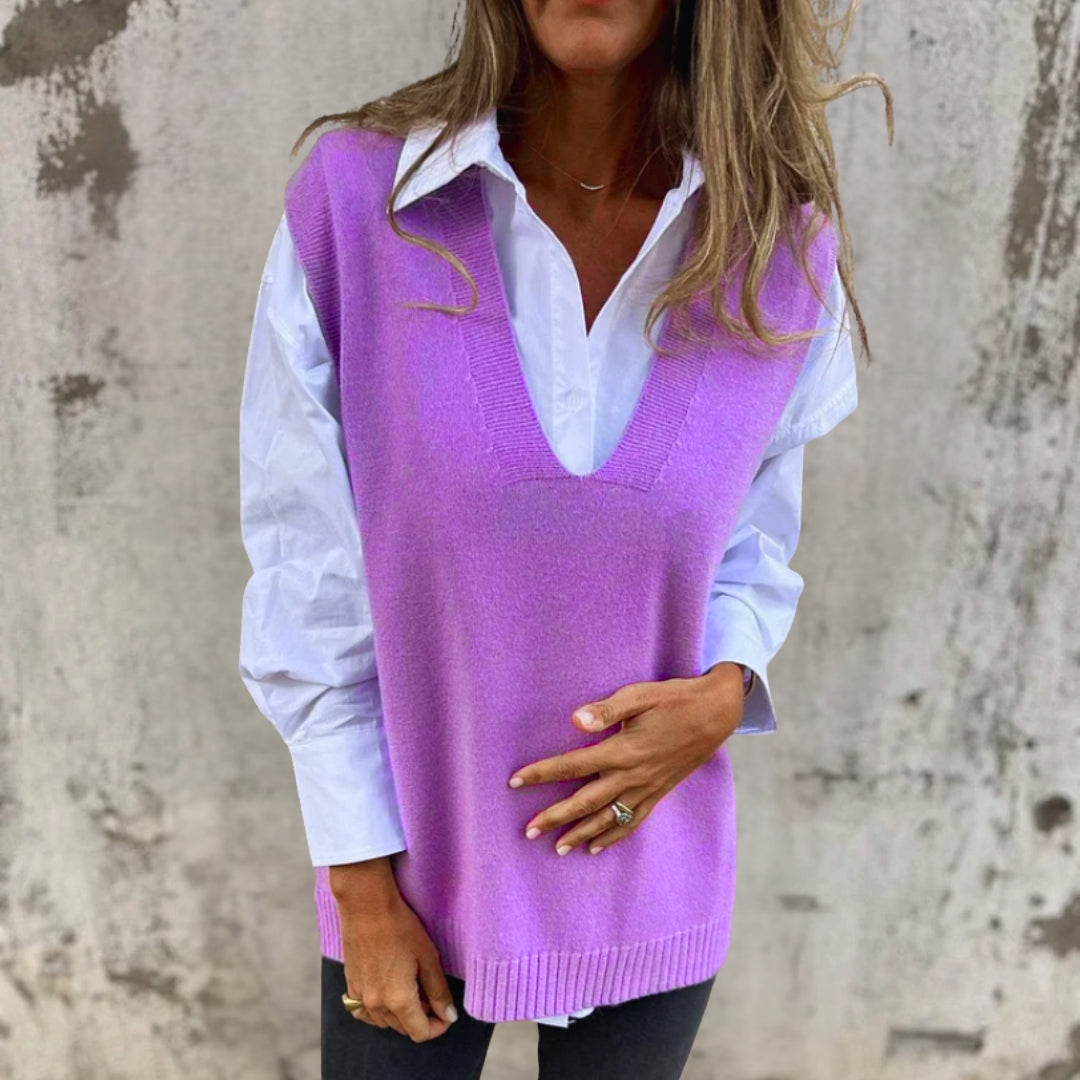 Ianthe | Women's Oversized Knitted Vest | Deep V Neck Ribbed Trim