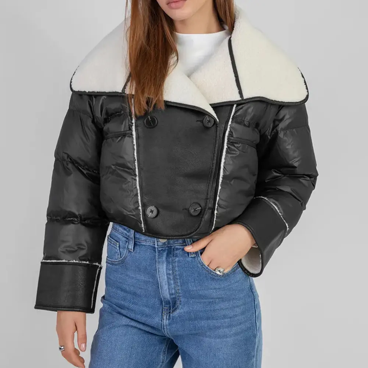 Liutperga | Women's Cropped Lined Puffer Jacket | Wide Lapel & Buttons