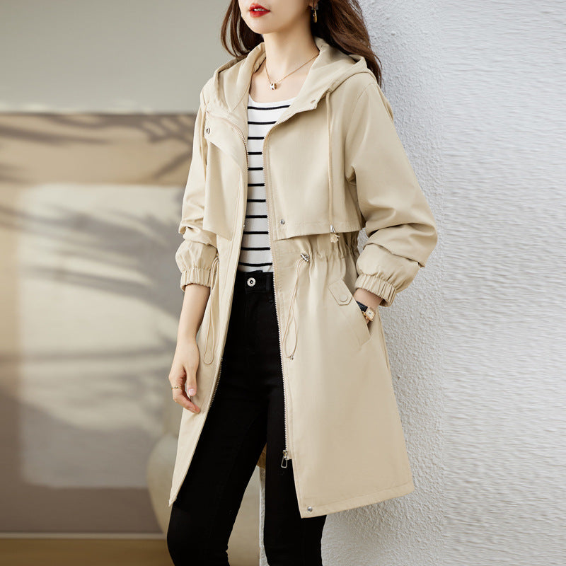 Thouraya | Women's Long Trench Rain Jacket | Hood & Drawstring Waist