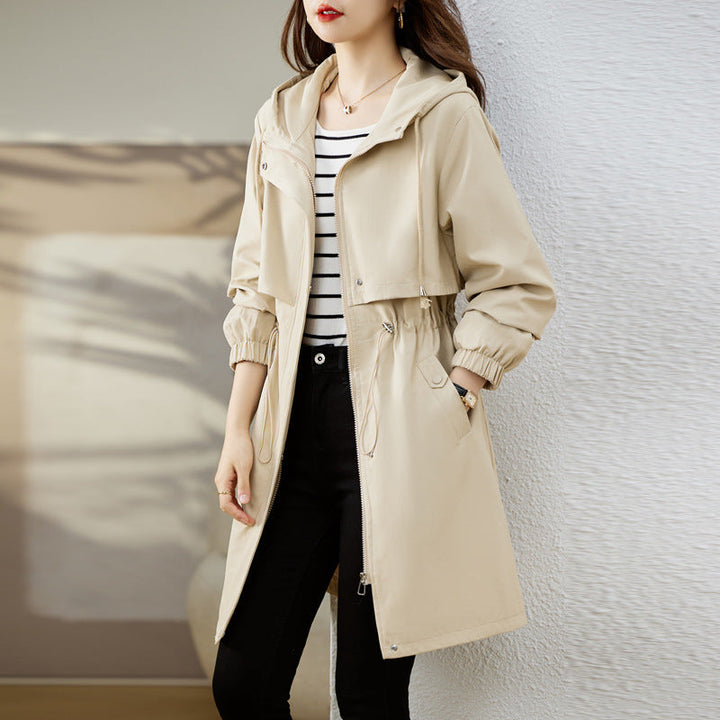 Thouraya | Women's Long Trench Rain Jacket | Hood & Drawstring Waist