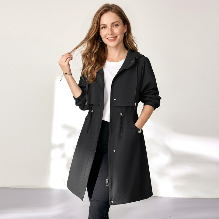Thouraya | Women's Long Trench Rain Jacket | Hood & Drawstring Waist