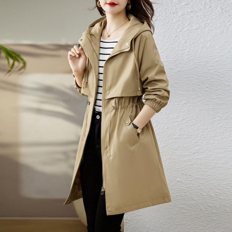 Thouraya | Women's Long Trench Rain Jacket | Hood & Drawstring Waist