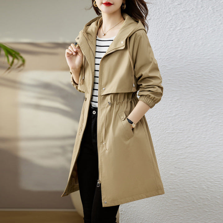 Thouraya | Women's Long Trench Rain Jacket | Hood & Drawstring Waist