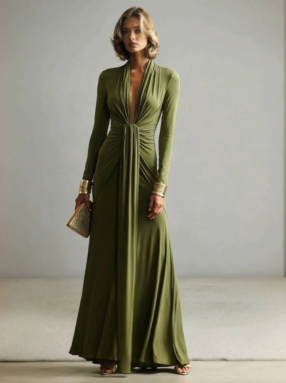 Yrsa | Women's Long Sleeve Formal Maxi Dress | Plunge Neck